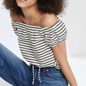 Madewell Stripe Off the Shoulder Top Drawstring Waist Black and White Casual XS